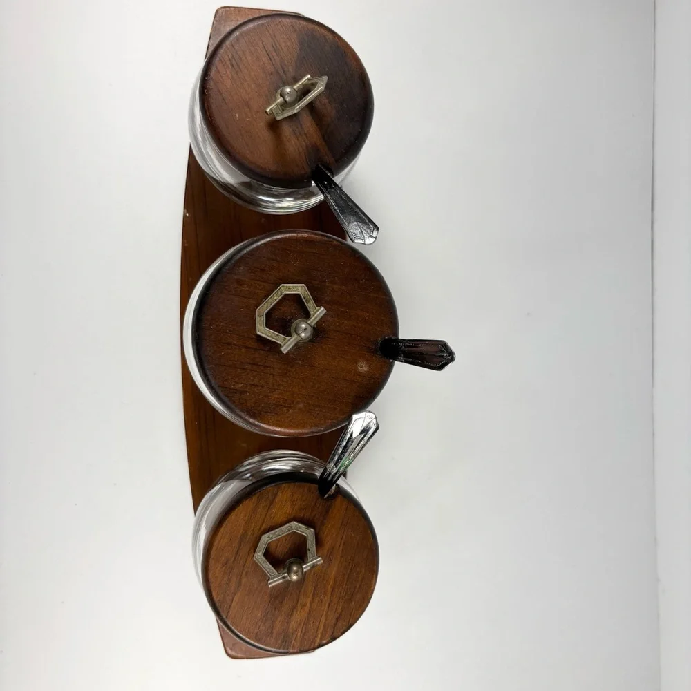 Vintage Glass Spice Jars with Wooden Lids Spoons Tray‎ Three jars